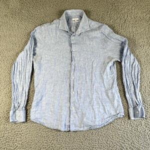Reiss Shirt Men's XL Blue Button Up 100% Linen Regular Fit‎ Casual Long Sleeve
